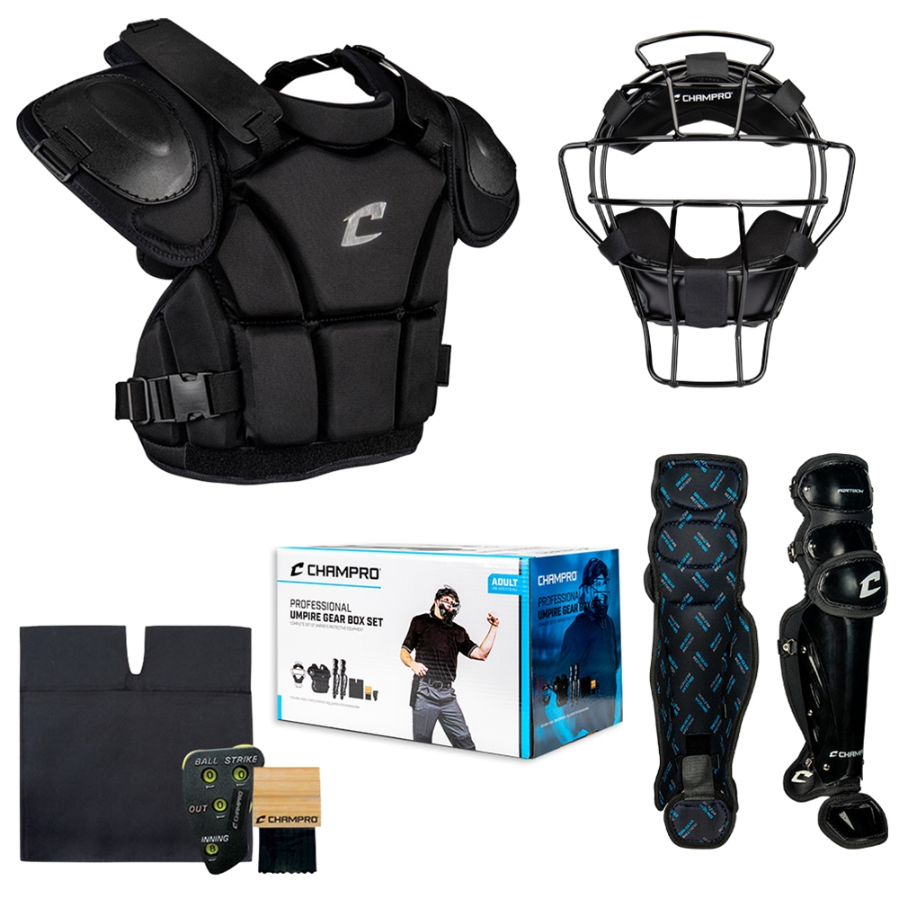 Champro Complete black Varsity umpire plate gear kit featuring CM72B lightweight mask, CP135 Pro-Plus chest protector, CG370 leg guards, ball bag, and brush. Champro Complete black Varsity umpire plate gear kit featuring CM72B lightweight mask, CP135 Pro-Plus chest protector, CG370 leg guards, ball bag, and brush.