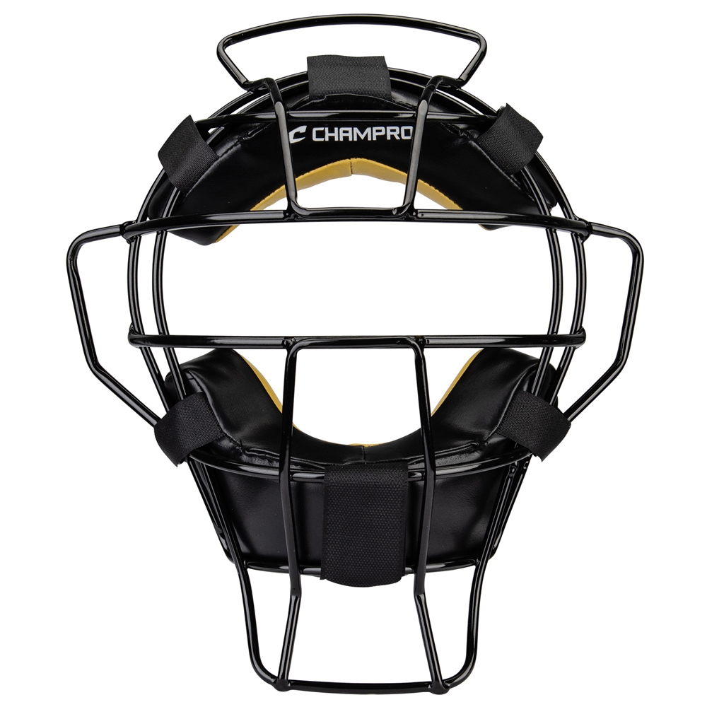 Champro Professional black lightweight diamond umpire mask with hollow steel wire frame, ergonomic padding, and throat protector extension.