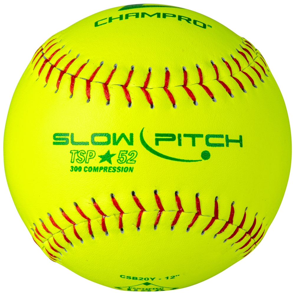 Close-up of the official ASA / USA Softball certification stamp and flat red seams on a Champro Sports premium leather 12 inch softball.