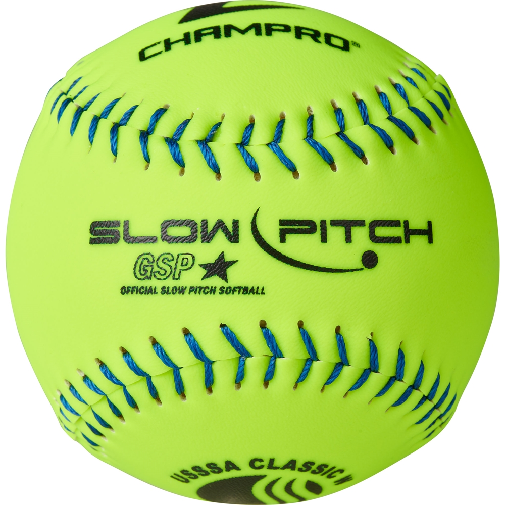 Champro GSP-40 USSSA 11 inch Classic W softball with an optic yellow Durahide cover and blue stitching.