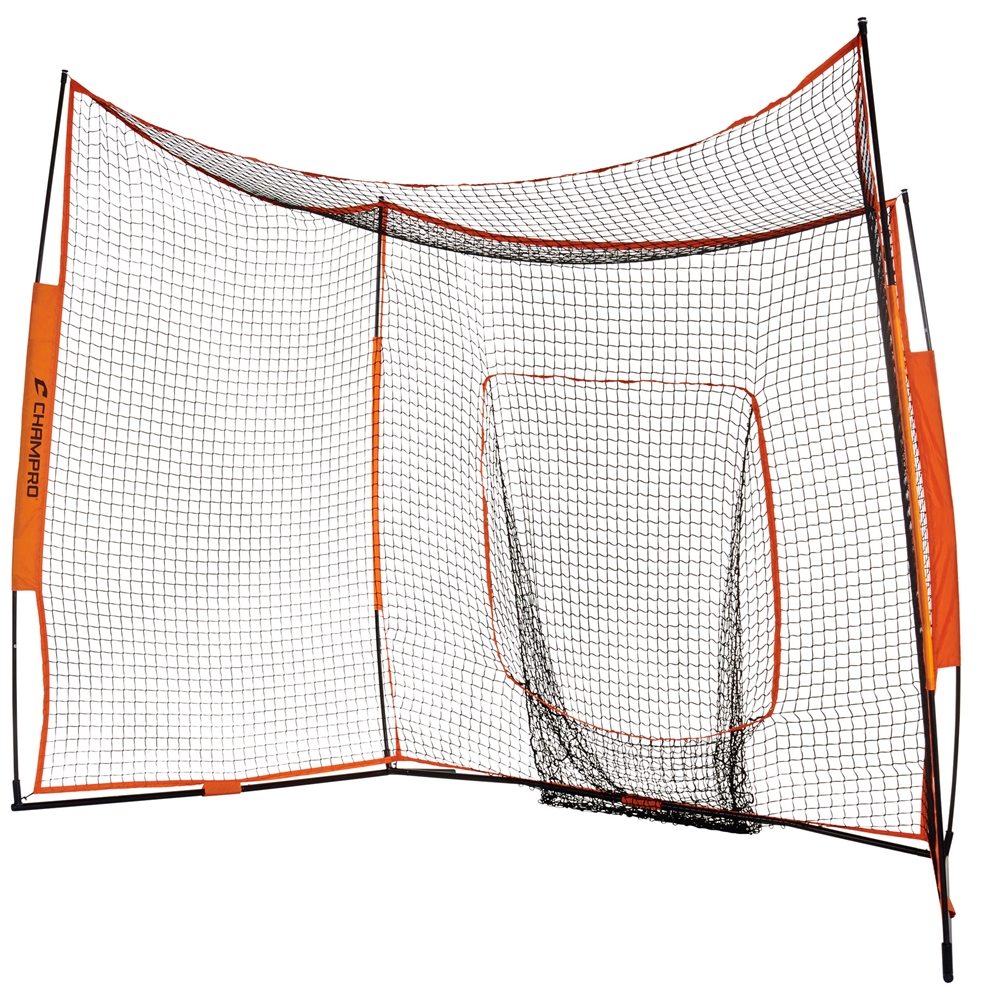 Champro Oversized 8x10 MVP Backstop Screen with high-visibility orange frame, mesh netting and overhead safety canopy.